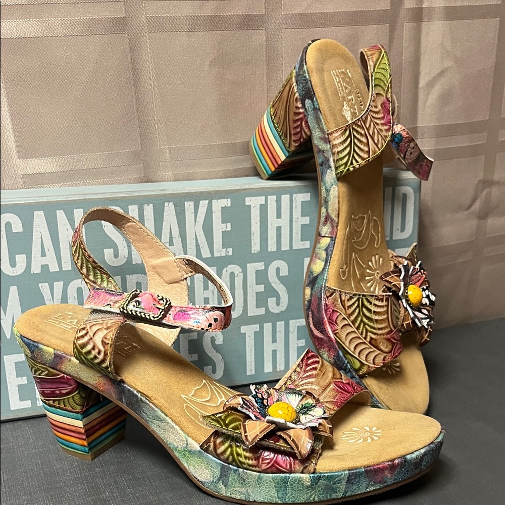 L'Artiste Spring Step Tan Multi Leather Heeled Sandals Leilanie EU 41 US 9.5-10